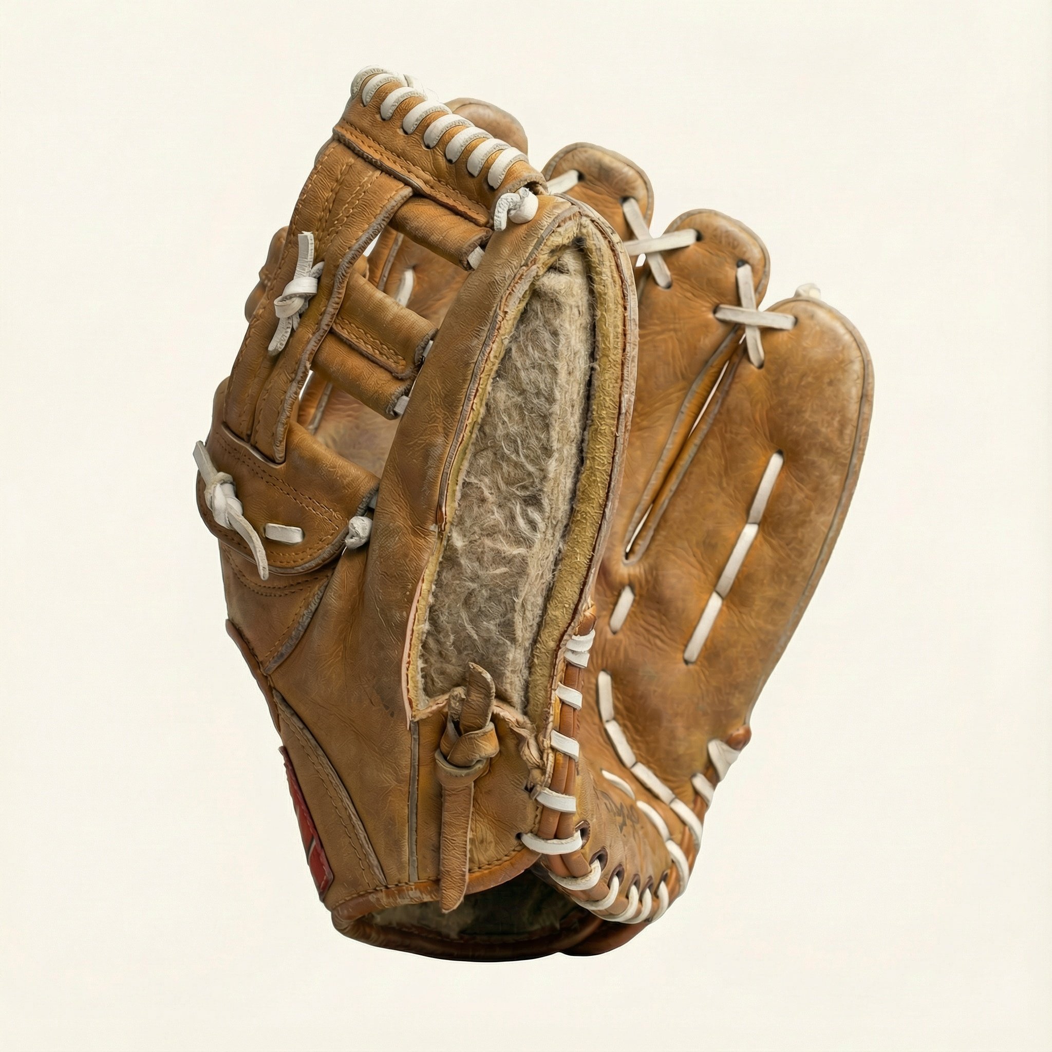 A worn brown baseball glove with white laces and a furry lining, isolated on a white background.