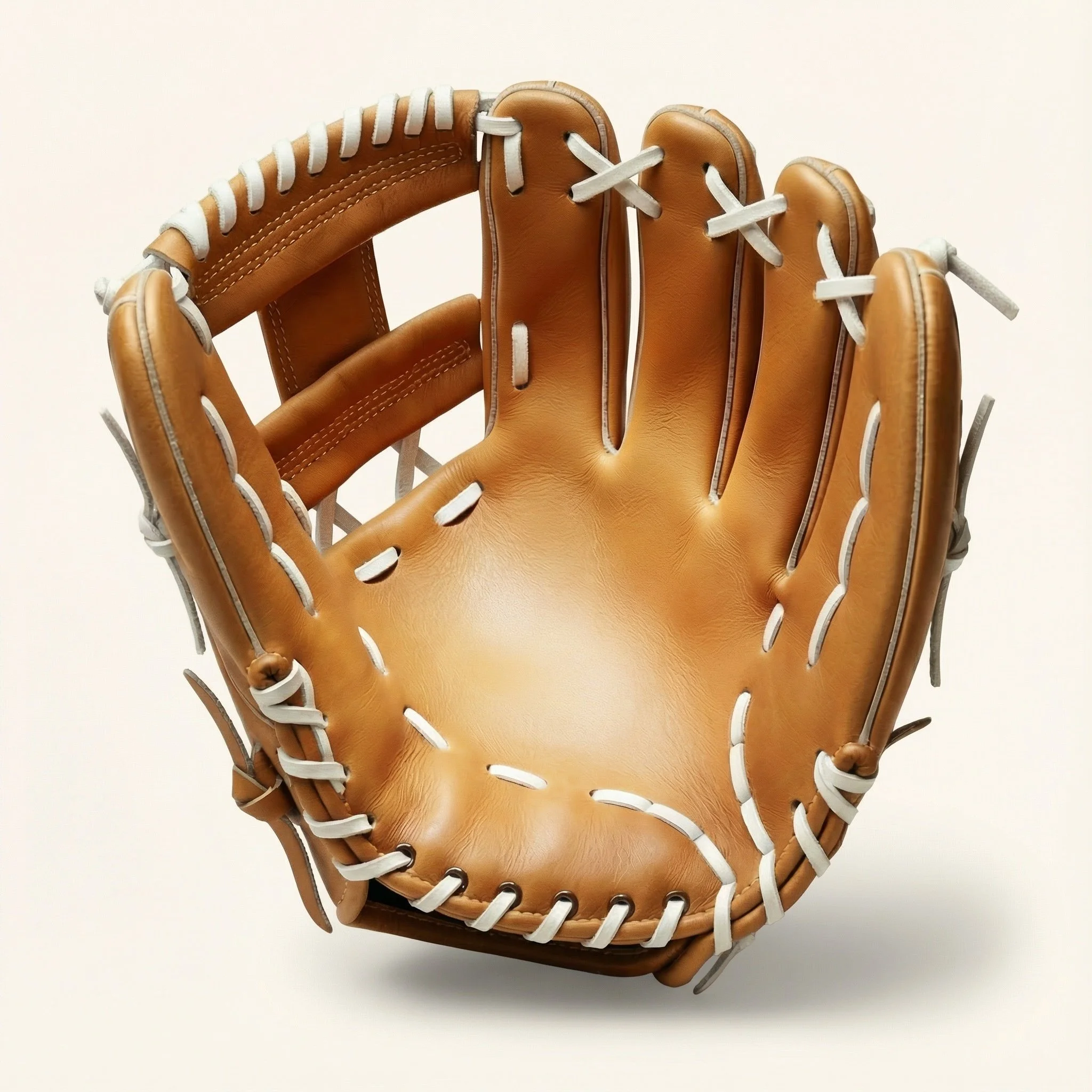 A tan leather baseball glove with white laces, viewed from the palm side, isolated on a white background.