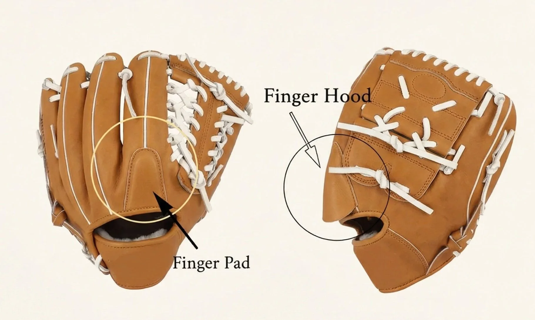 A pair of brown baseball gloves displayed side by side on a white background, with labels pointing to the finger pad, finger hood, and finger.