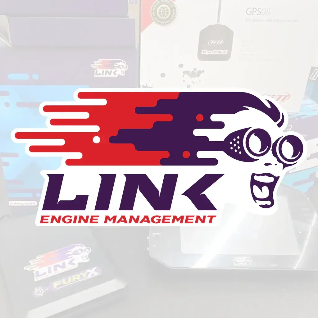 Logo for LINK Engine Management featuring a stylized face with goggles and an open mouth, with red, black, and white colors, and the text 'LINK ENGINE MANAGEMENT' underneath.