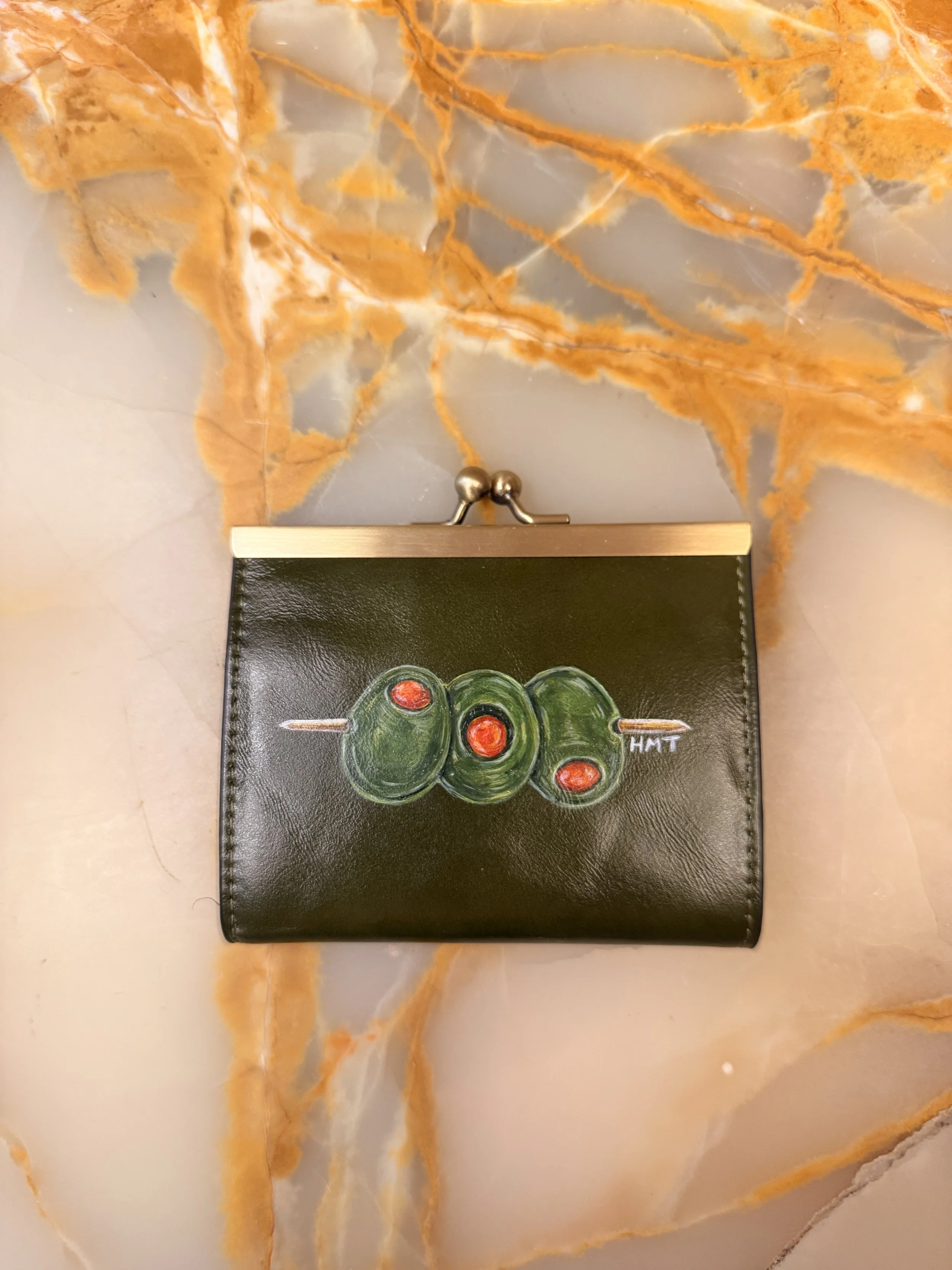 Hand Painted Olive Green Leather Wallet