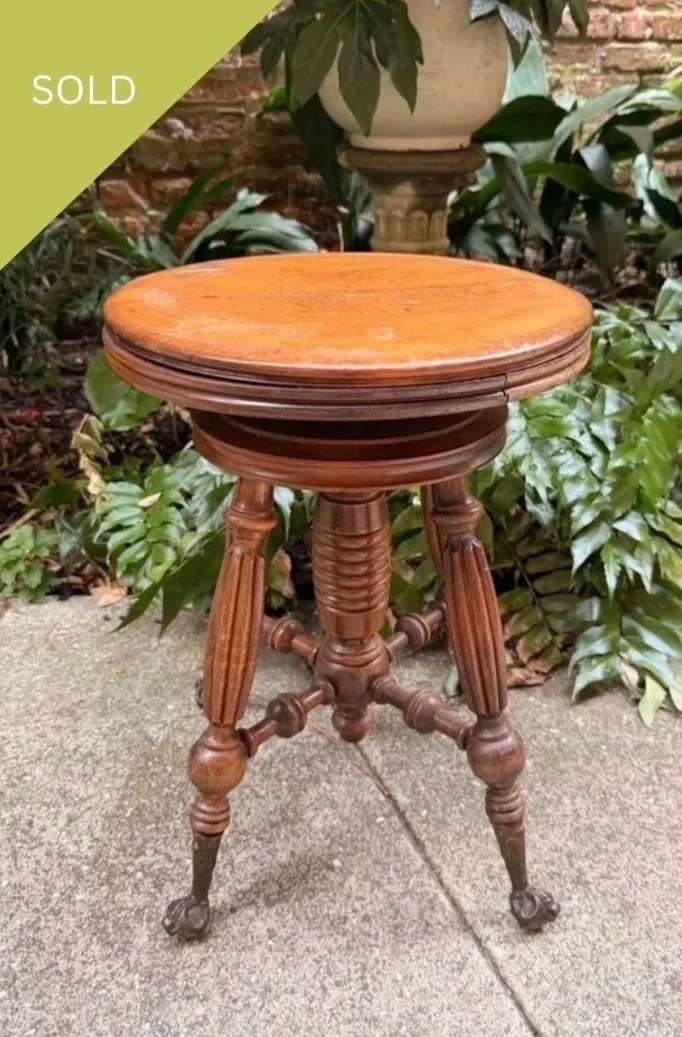 Antique Piano Stool With Glass Brass & Claw Feet