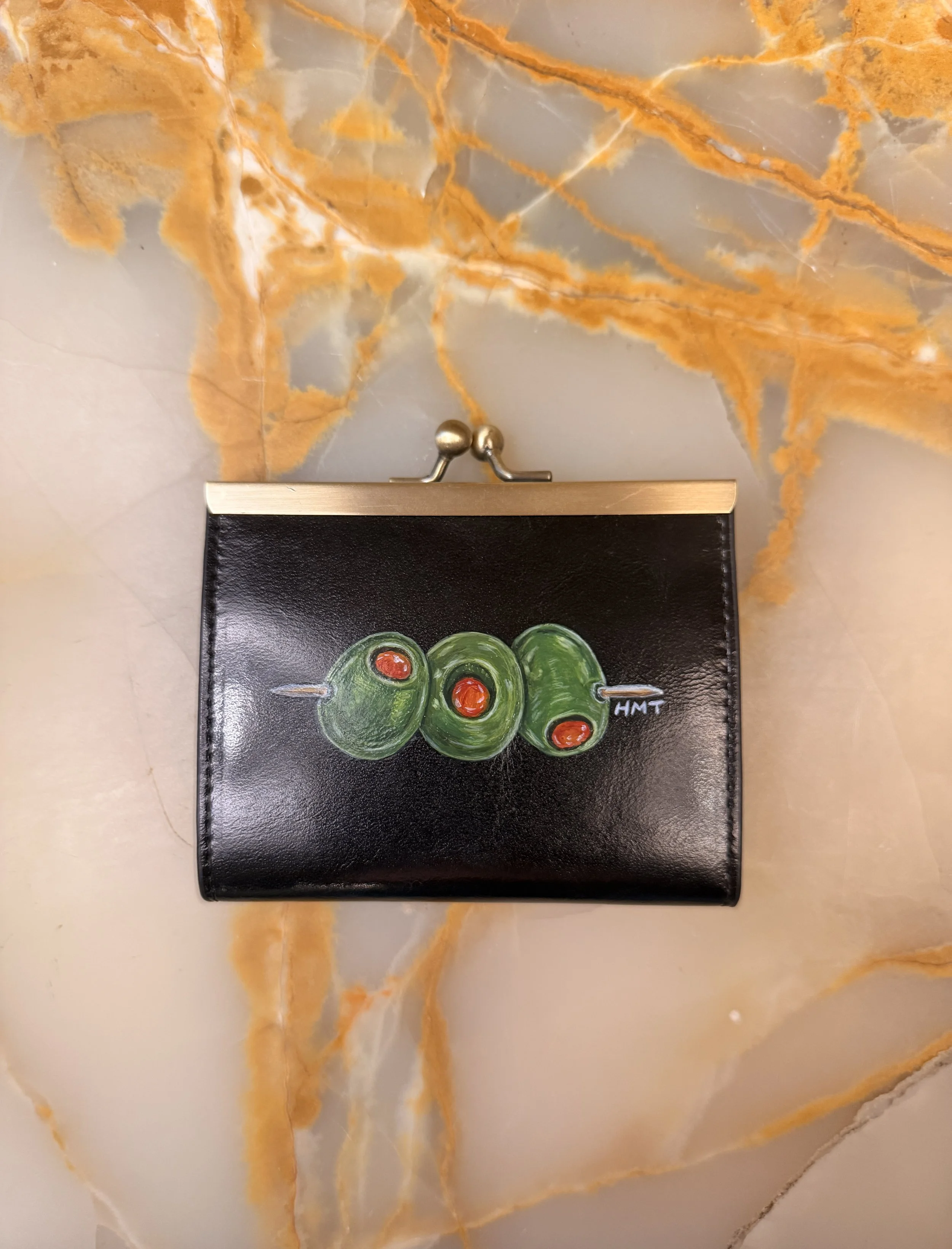 Hand-Painted Olive Black Leather Wallet