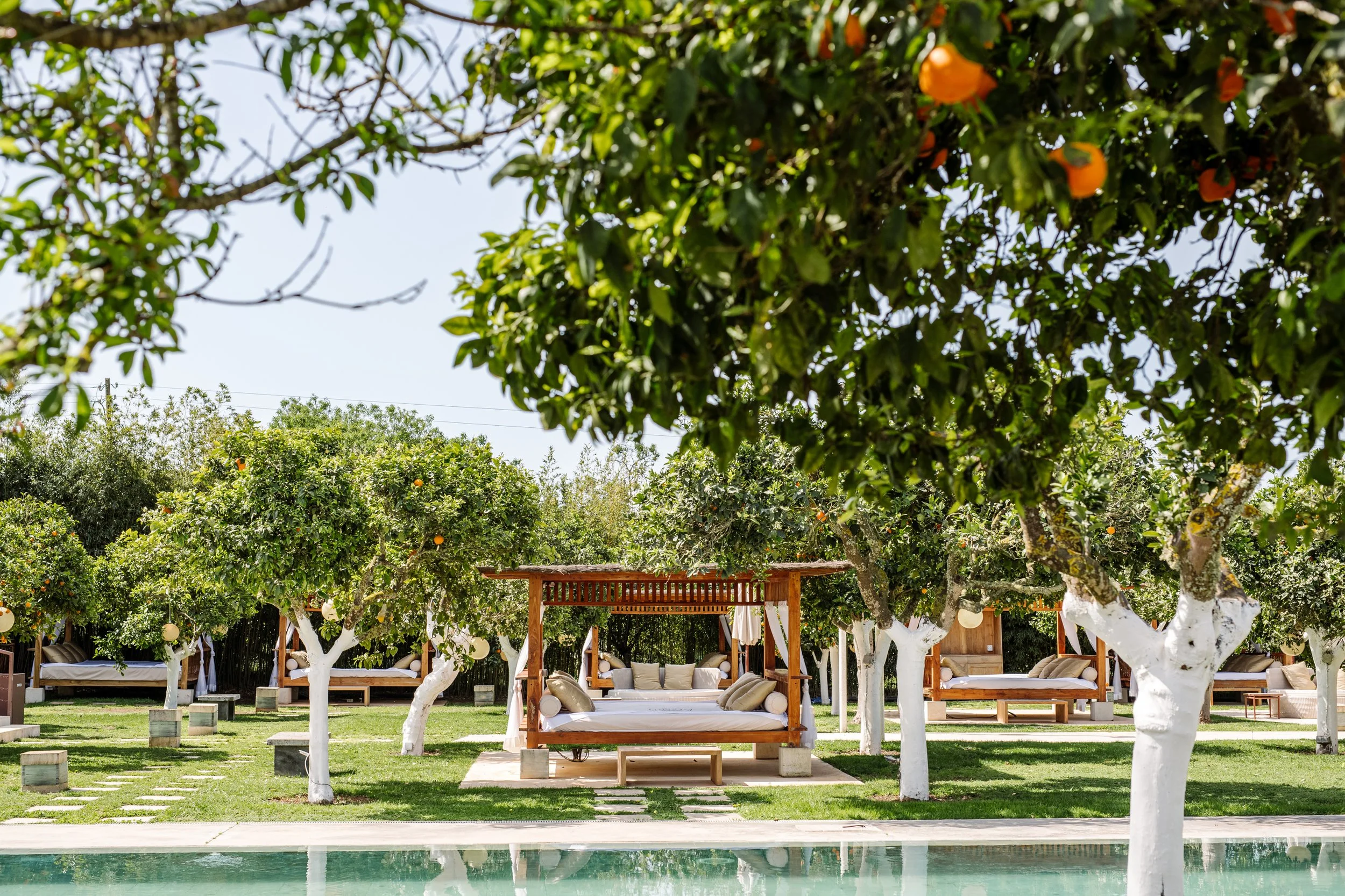 Luxury outdoor lounge area with wooden cabanas and beds under orange trees with orange fruits