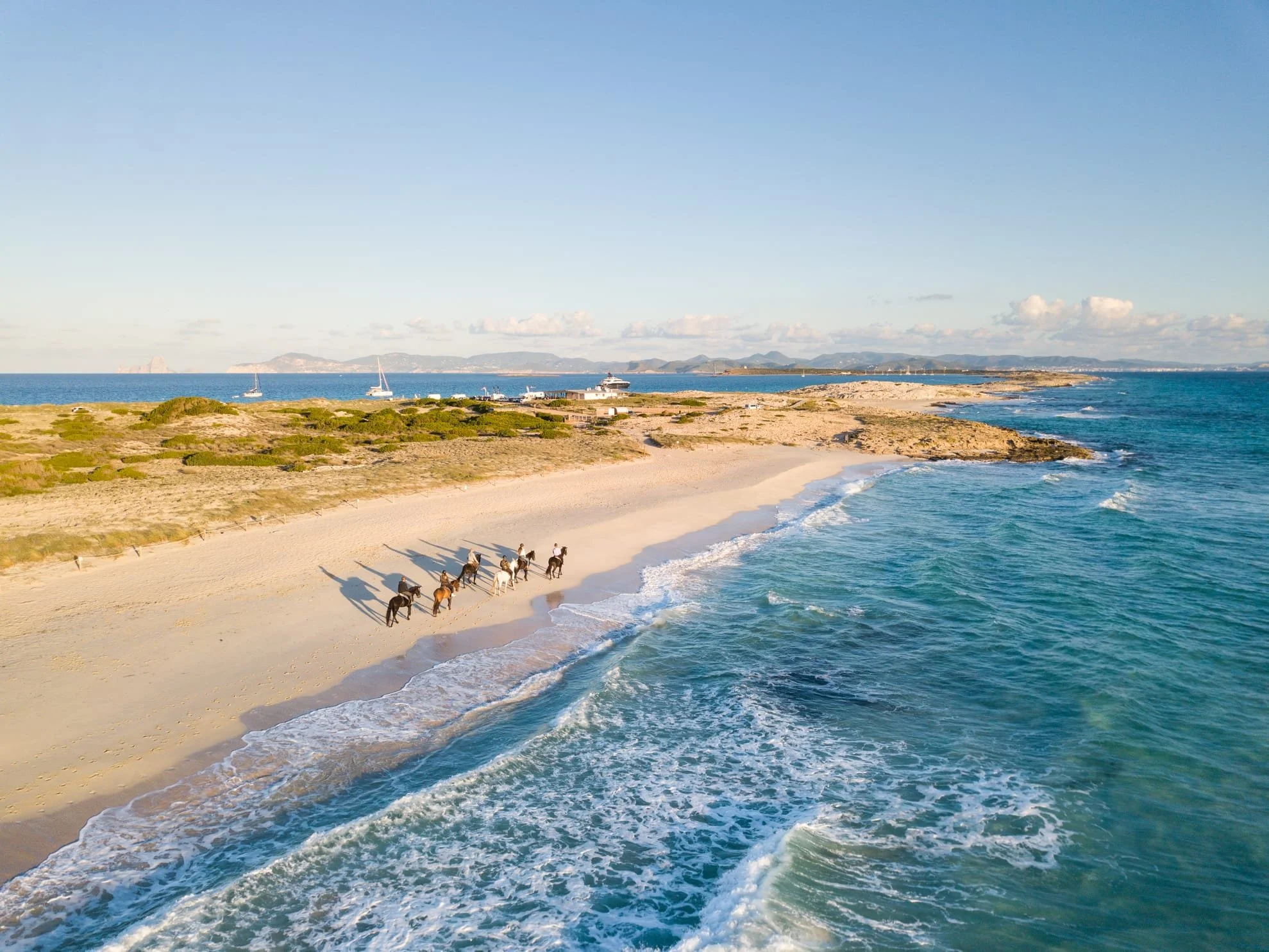 Aerial view of a beach with a group of horses walking along the sandy shoreline, waves crashing nearby, and sailboats anchored offshore under a clear sky.