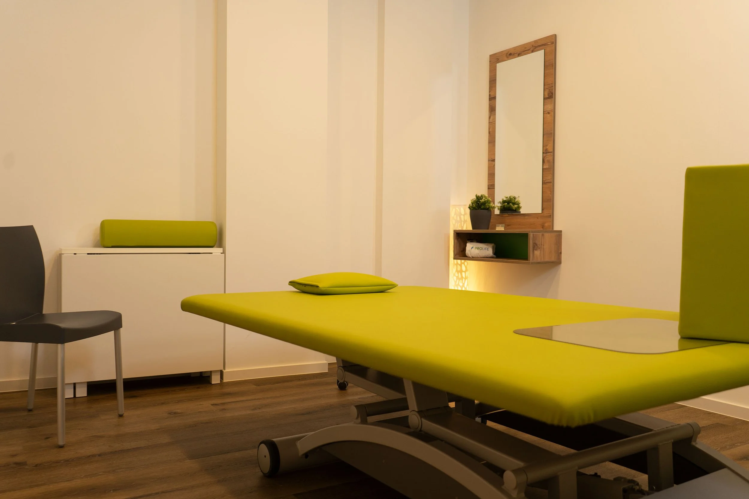 Therapieraum mit grünem Behandlungstisch, grauem Stuhl, Spiegel an der Wand und Pflanzen auf einem Regal.