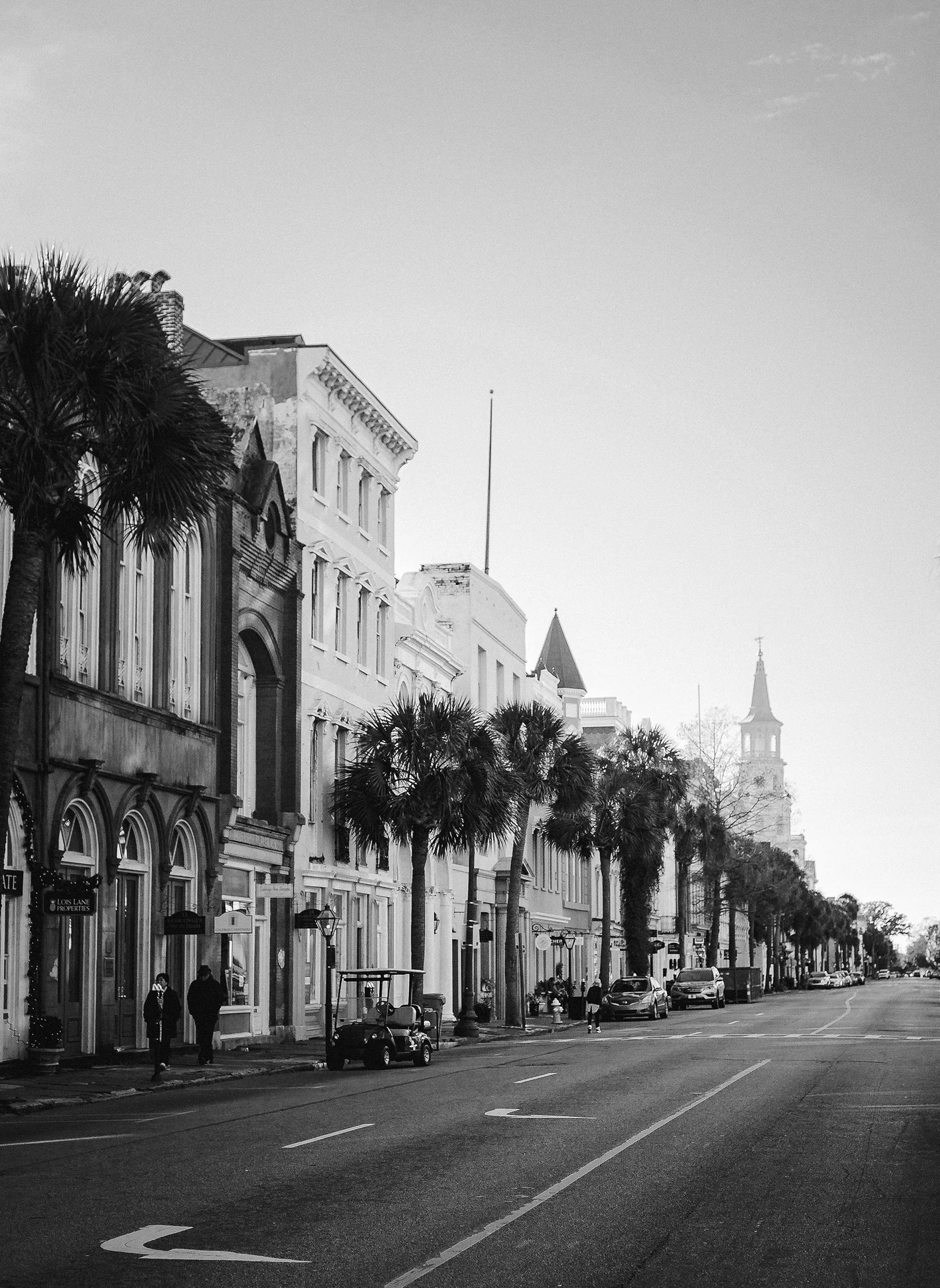 A street view in a historic downtown area with palm trees, parked cars, and old buildings with architectural details, in black and white.