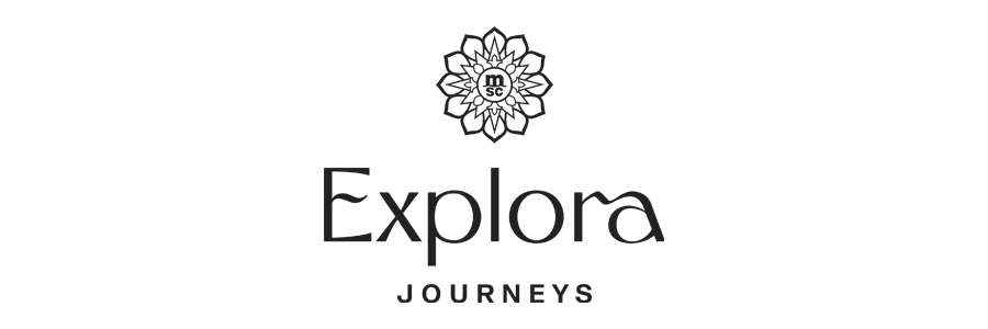 Logo for Explora Journeys featuring a floral design and the company name.