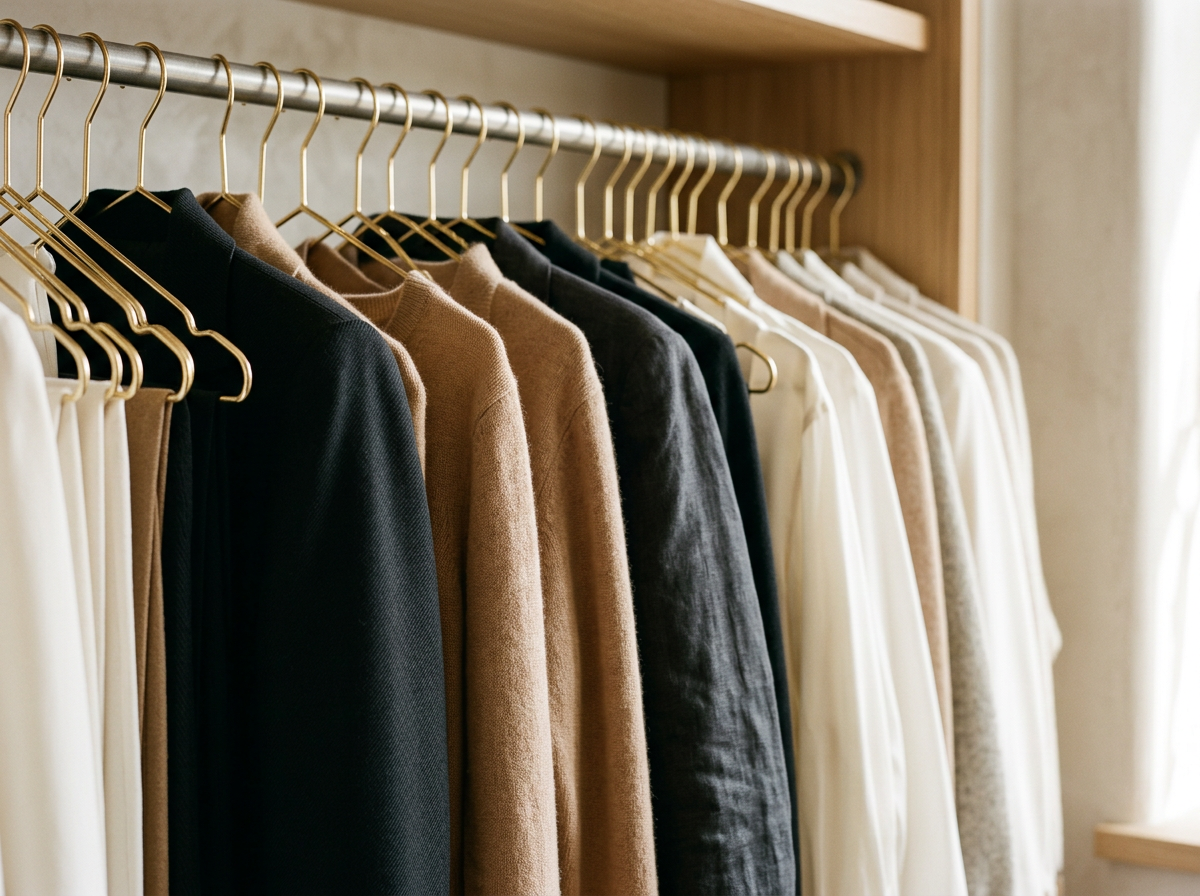 Curated clothing rack of tailored ivory, camel, and charcoal pieces by a Boston–Concord, NH personal stylist