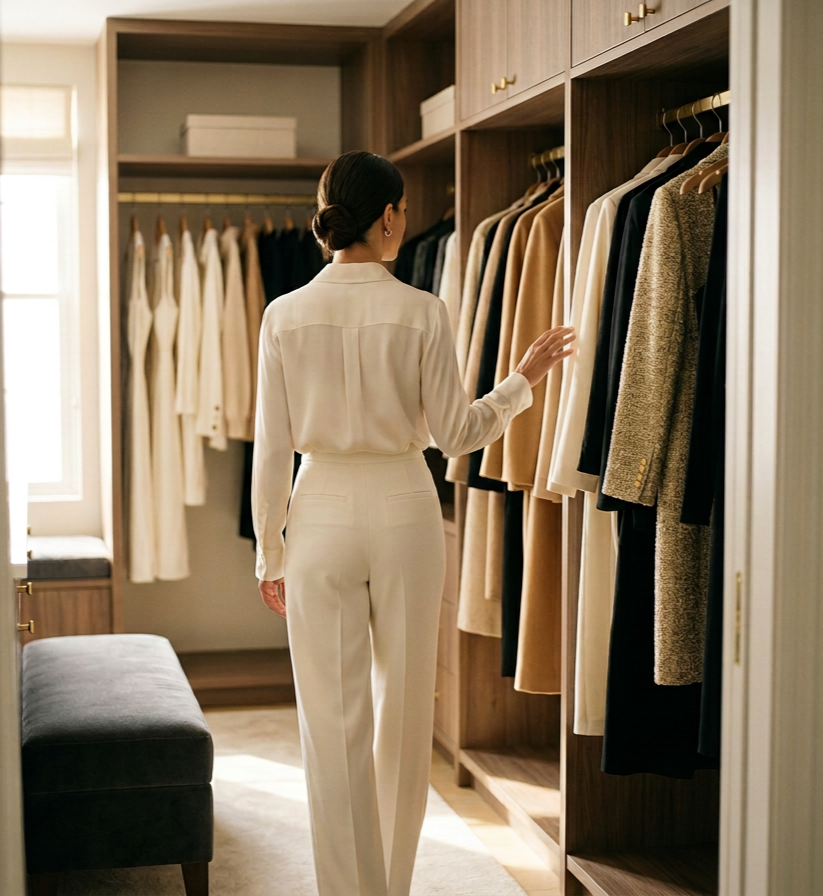 Woman walking into an elegant closet of curated ivory, gold, and charcoal clothing, serving clients in Boston and Concord, NH