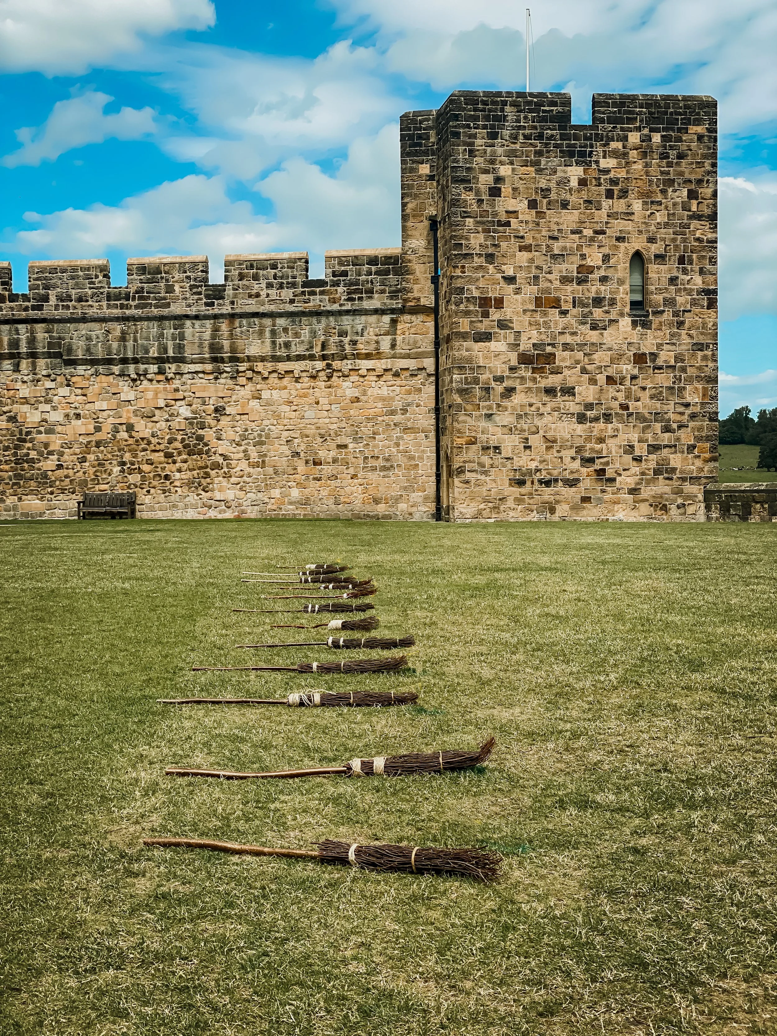 Broomsticks ready for flying lessons at Alnwick Castle where Harry Potter learned to fly in the Harry Potter films