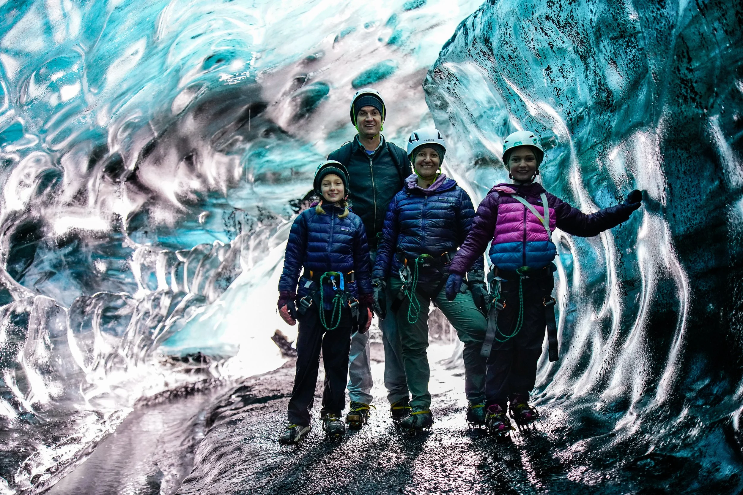 A family in an ice cave in Iceland