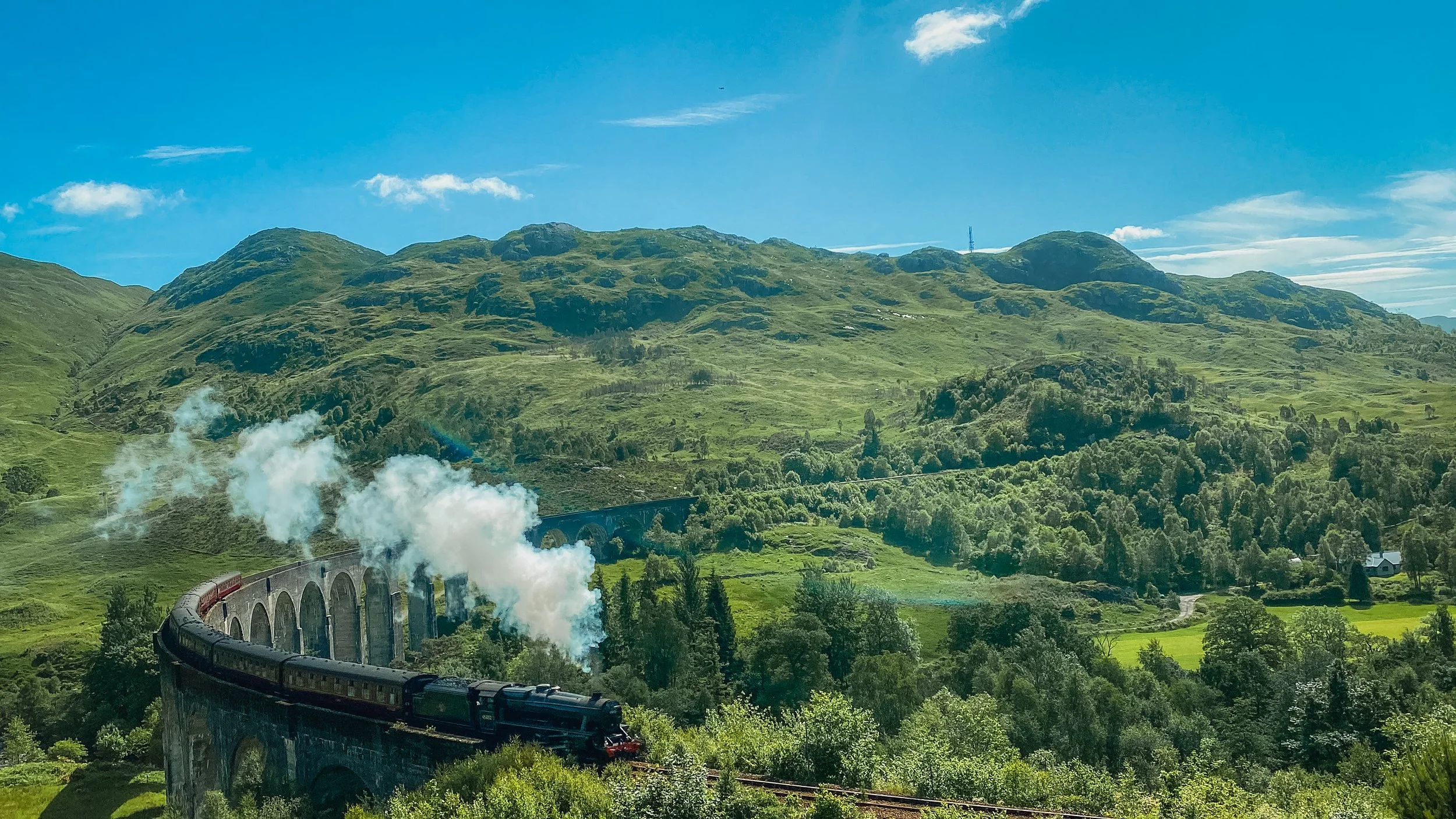 The Jacobite steam train on the Glenfinnan Viaduct, scene of the Hogwarts Express in the Harry Potter films