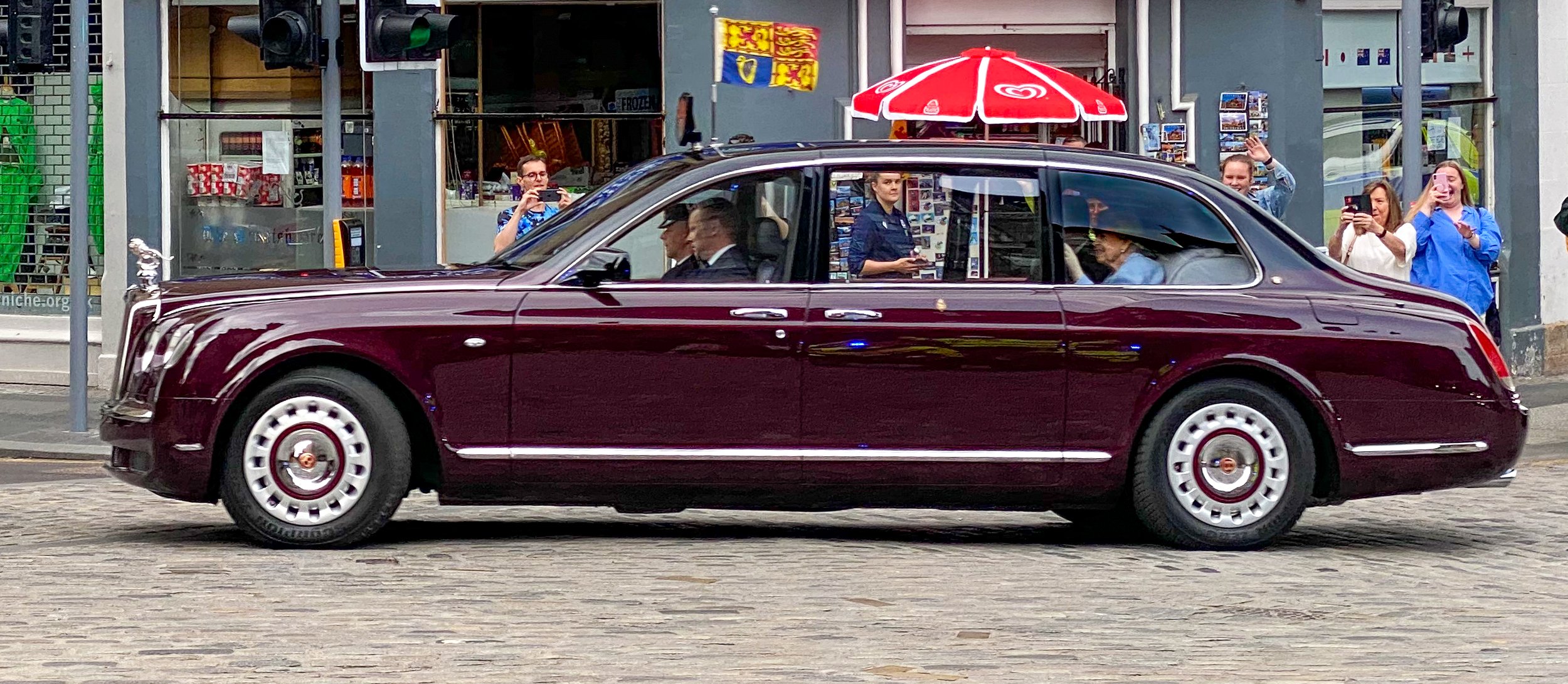 Queen Elizabeth II driving by in Edinburgh Scotland in 2022