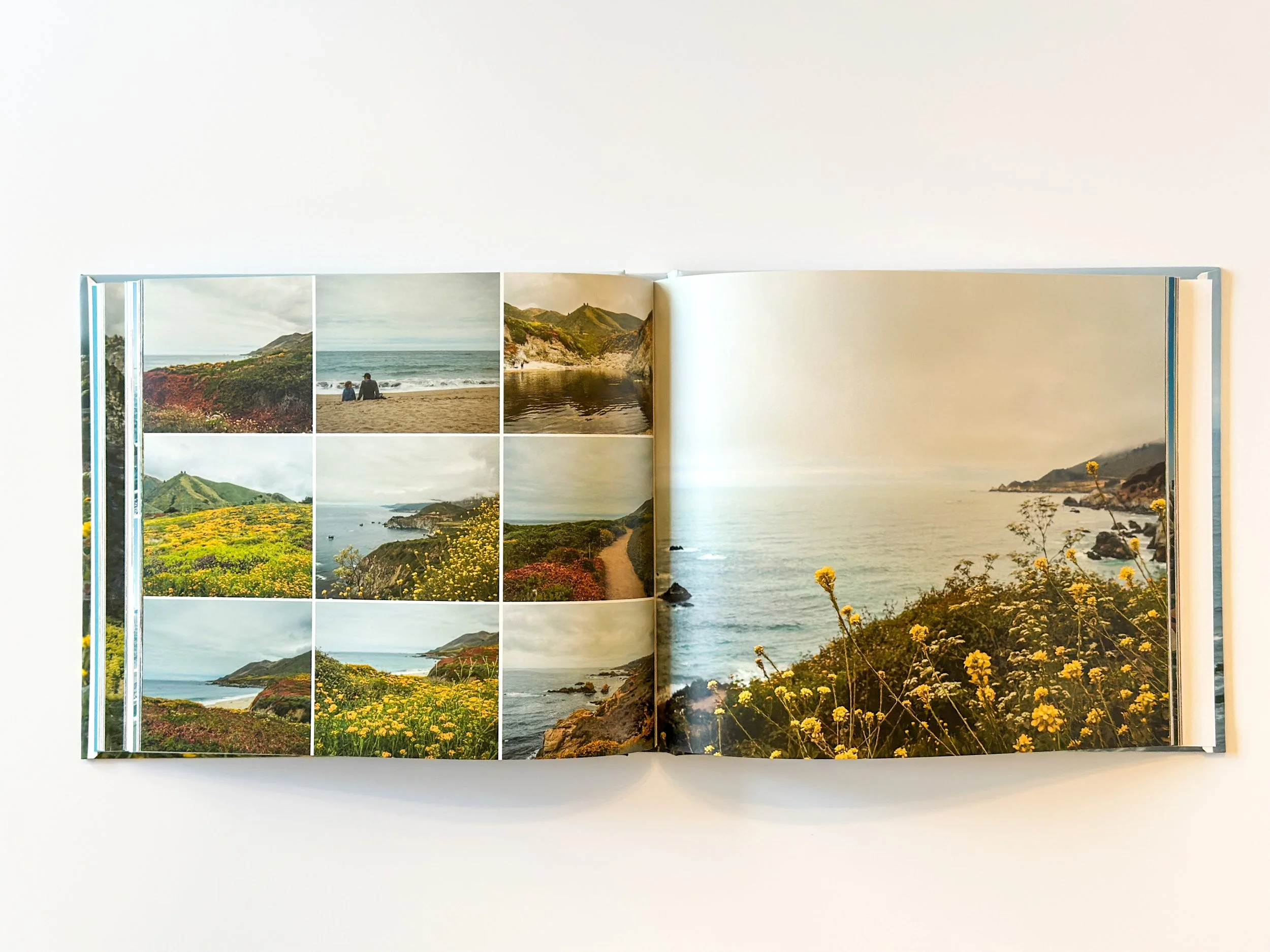 Open photo album showing multiple landscape photos of a coastal area with cliffs, flowers, and a person sitting on the beach.