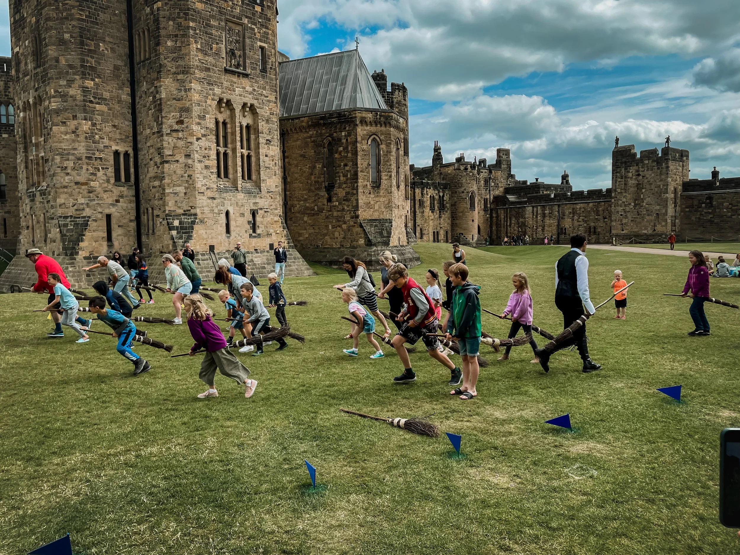 Taking broomstick lesson at Alnwick Castle, where Harry Potter learned to fly in the Harry Potter films.