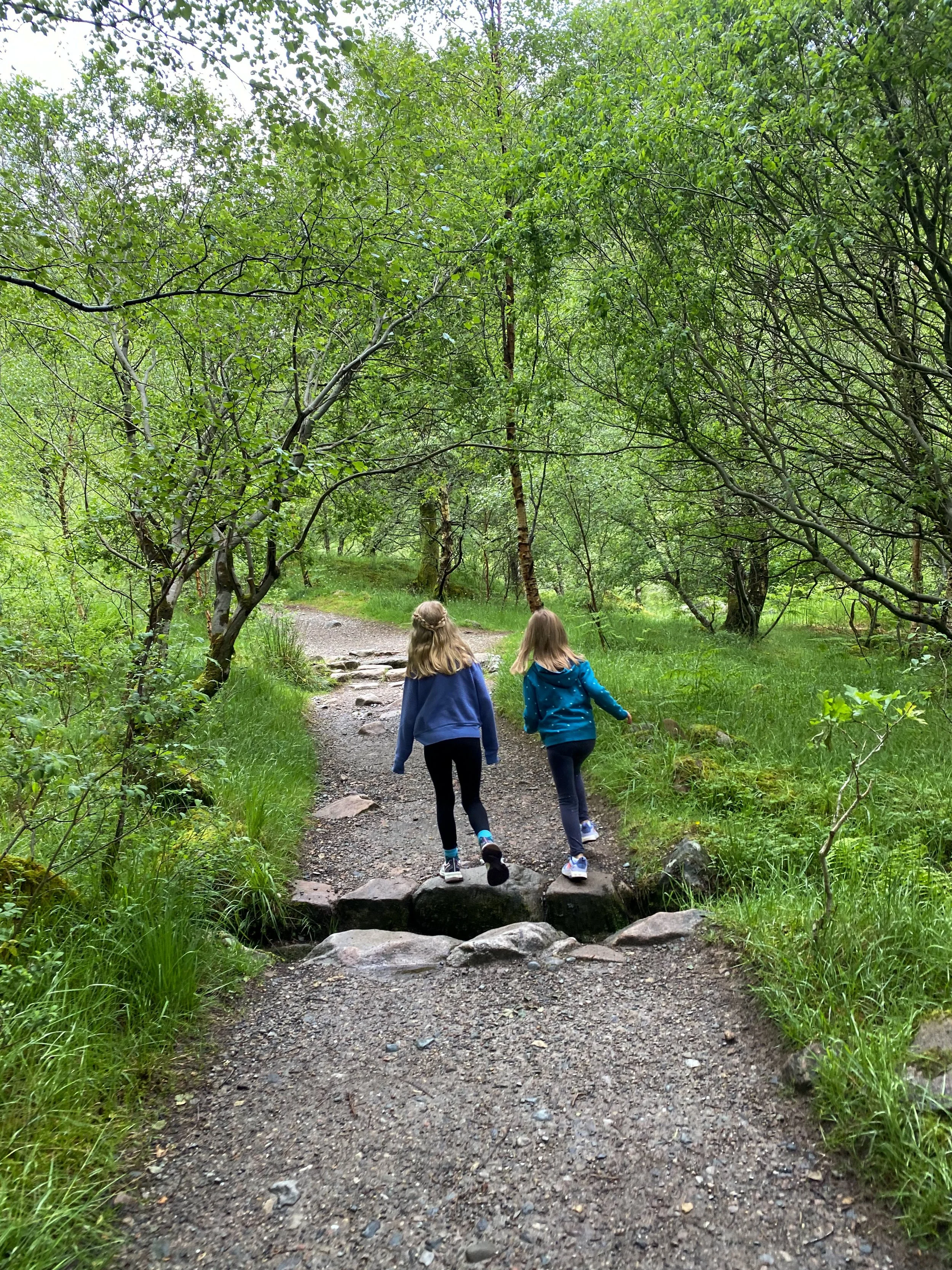 Girls starting Steall Waterfall hike in Fort William, Scotland
