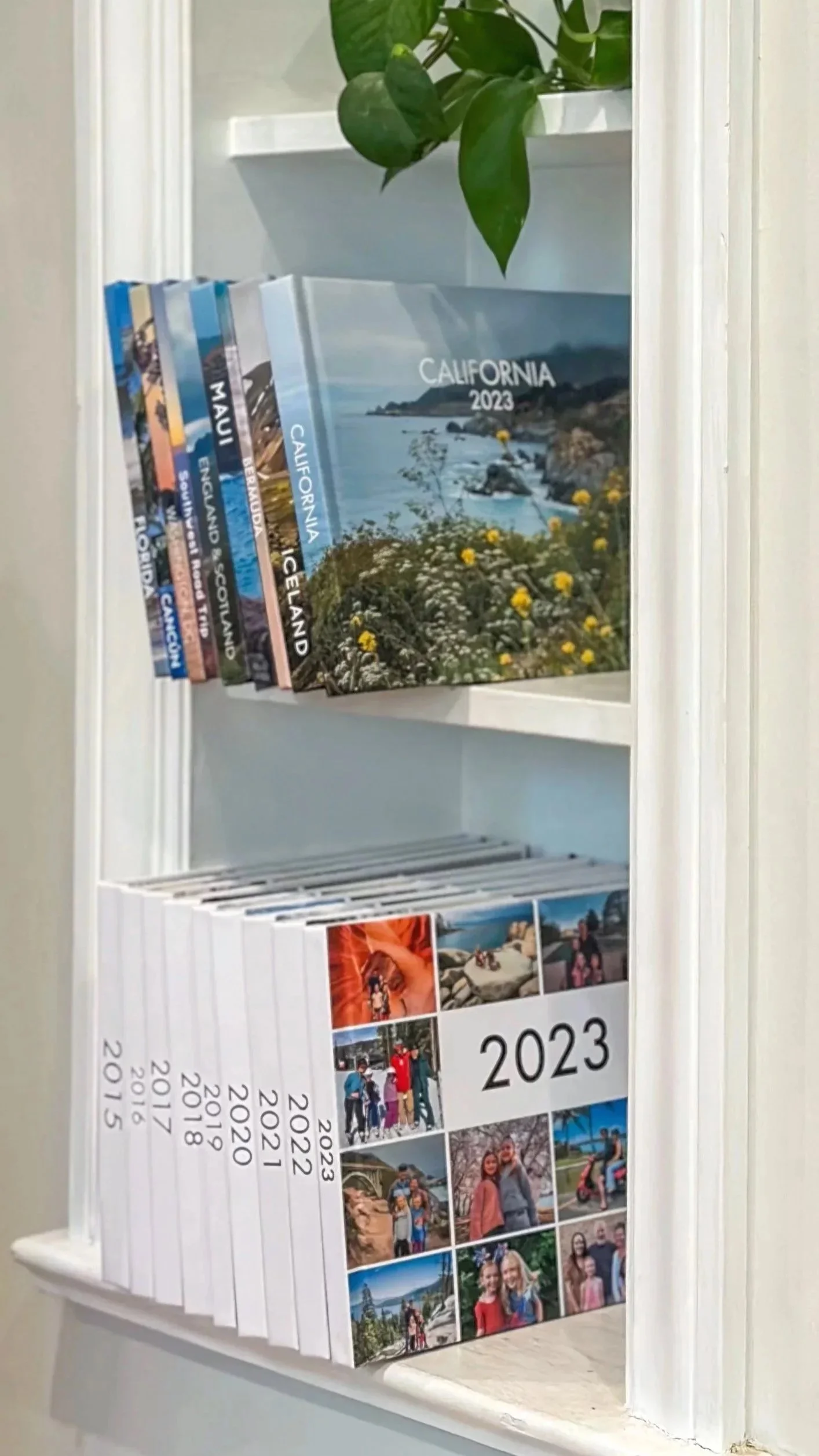 A set of year in review photo books and well as several travel photo books on a shelf.