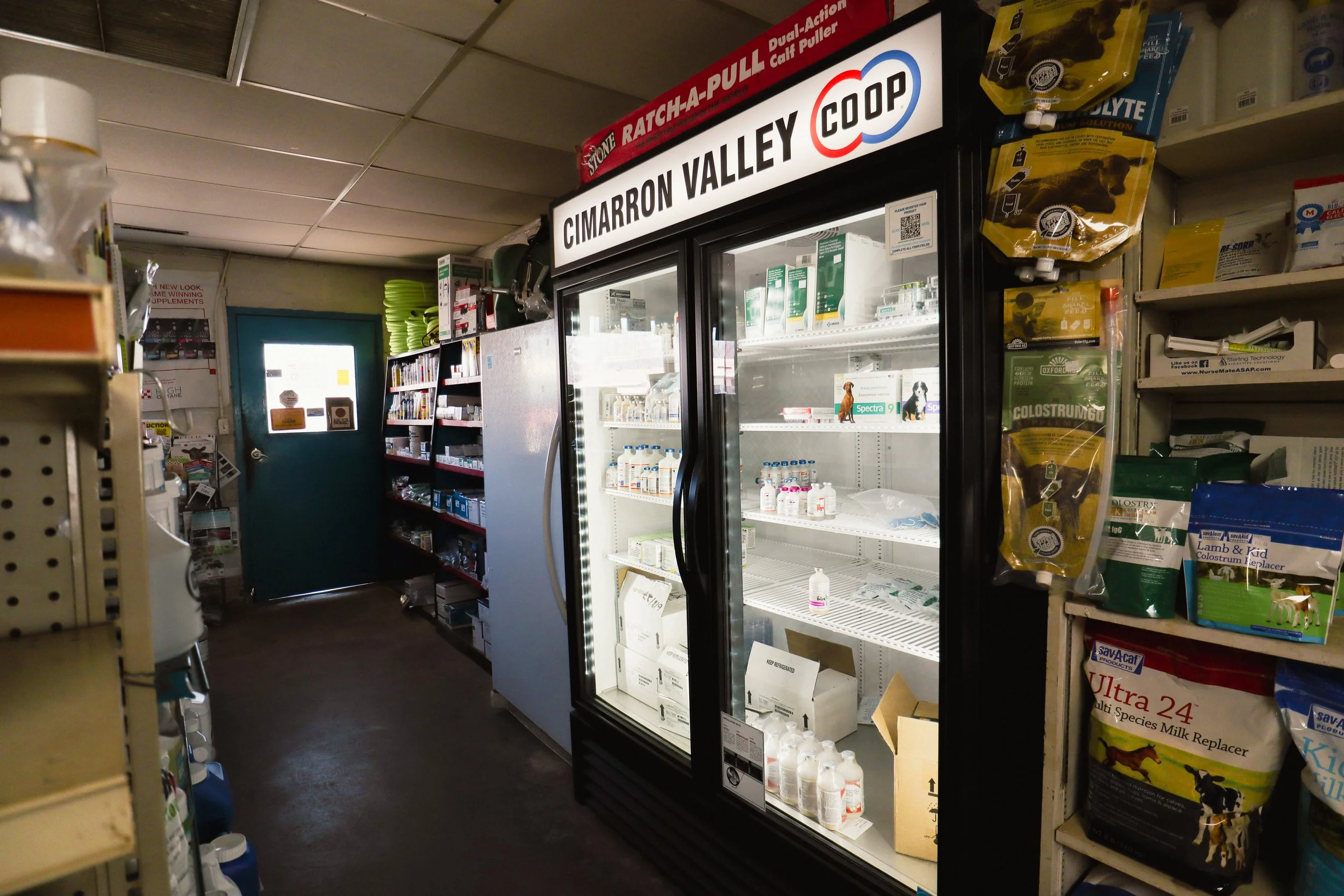 A store refrigerator filled with bottles and medicine boxes. To the right, shelves with pet products, and to the left, shelves with other supplies. A blue door is at the back of the store.