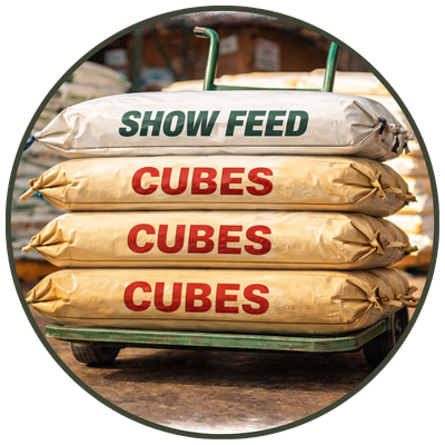 Stacked livestock feed bags including cattle, horse, and show feed available at local co-op.