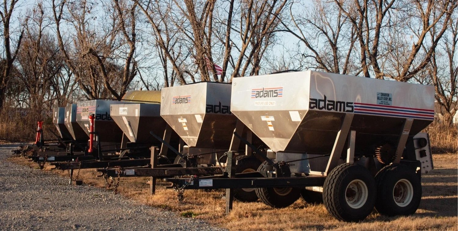 Fertilizer spreader rental available at Cimarron Valley Co-op in Perkins, Oklahoma for pasture and property application