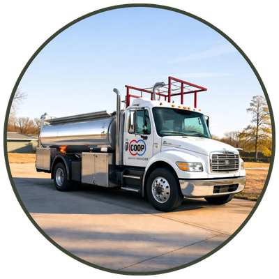 Fuel delivery truck supplying diesel or gasoline to farm equipment in a rural setting near Perkins, Oklahoma.