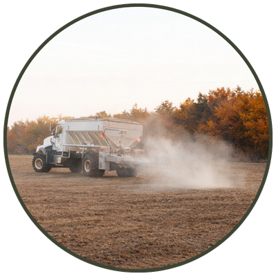 Broadcast seed application in progress using agricultural equipment for pasture and property improvement.