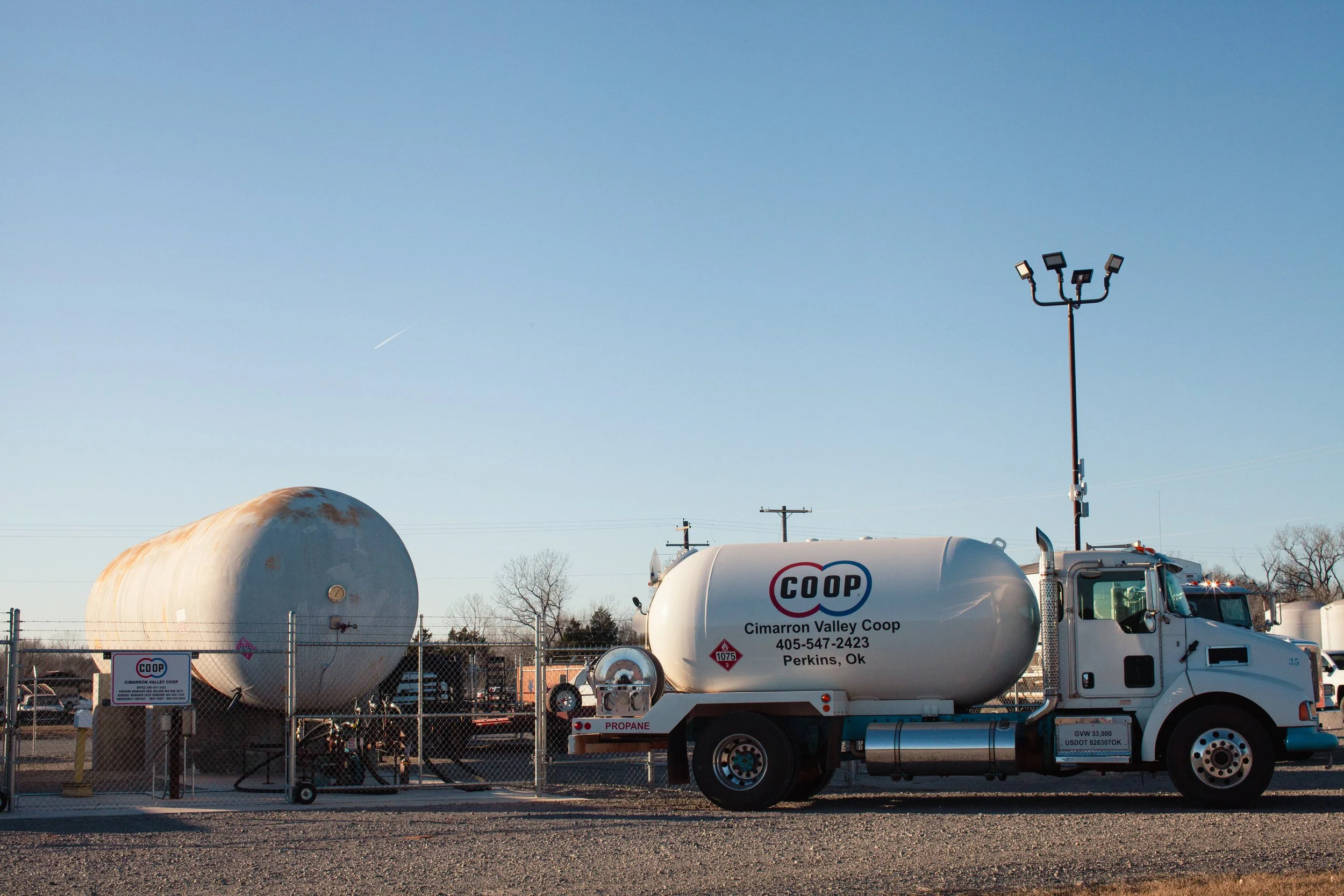 Propane fill and delivery services at Cimarron Valley Co-op in Perkins, Oklahoma for home and farm use