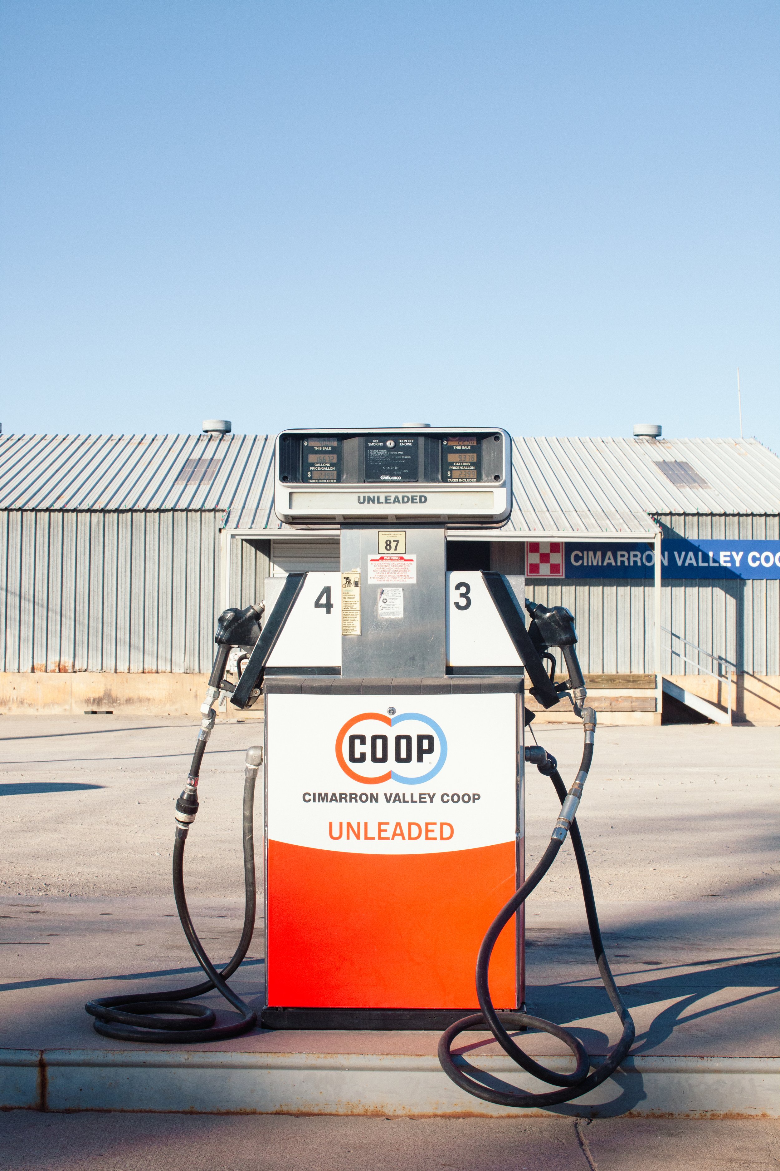 Gasoline and diesel fuel available at Cimarron Valley Co-op in Perkins, Oklahoma.