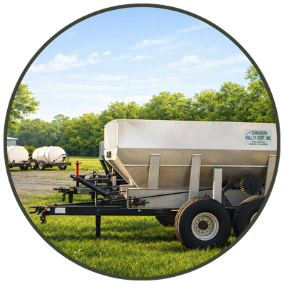 Pull-behind fertilizer spreader rental equipment positioned in a field for self-application by landowners.