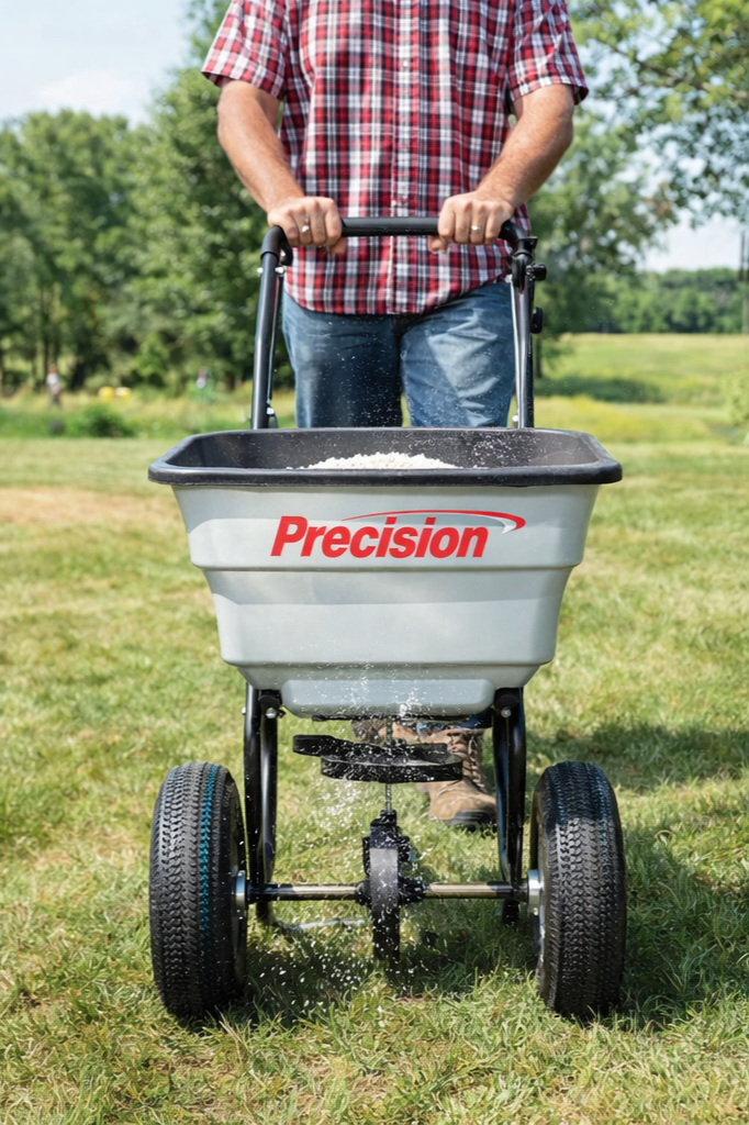 Yard fertilizer spreader available at Cimarron Valley Co-op farm supply store in Perkins, Oklahoma