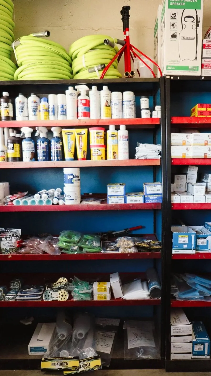 Farm supply store at Cimarron Valley Co-op in Perkins, Oklahoma offering feed, seed, fuel, and supplies.