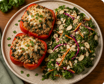 Turkey stuffed pepper with crunchty kale salad.png