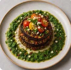 Lentil and eggplant stack with green herb sauce.jpg