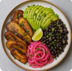 Pan-seared plantains, cuban black beans and picked onions.png