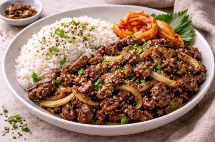 Korean Beef Bulgogi Served with Korean Rice & Kimchi
