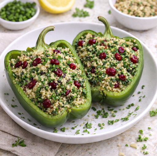 Stuffed Green Bell Peppers with Quinoa, Kale & Herbs