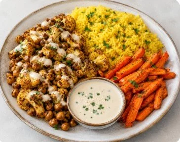 Shawarma-Spiced Chickpeas & Cauliflower w/ Turmeric Rice, Roasted Carrots & Lemon Tahini Sauce
