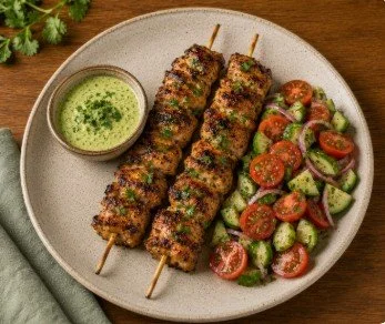Peruvian chicken skewers with cucumber tomato salad.jpg