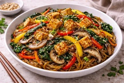 Tofu & Vegetable Japchae (Sweet Potato Noodles)