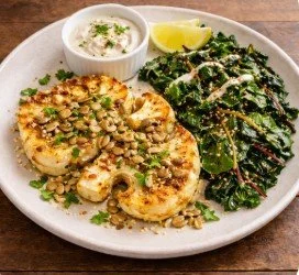 Cauliflower steak with crunchy seeds with sauteed greens.jpg