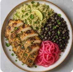 Mojo chickin and cilantro lime brown rice plate.jpg