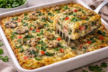 Creamy Vegetable Mushroom Lasagna Served with Side Salad & Choice of Your Dressing