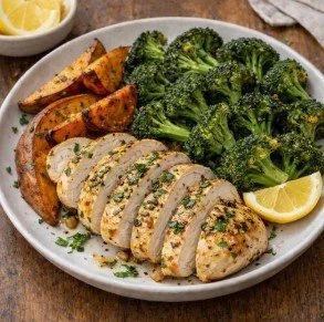 Herb-Roasted Chicken w/ Roasted Garlic Lemon Broccoli & Sweet Potato Wedges