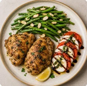 Lemon-Herb Roasted Chicken w/ Green Bean Almondine & Caprese Salad
