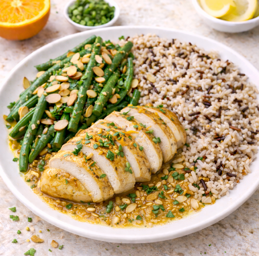 Citrus-Ginger Chicken with Green Beans Almondine & Wild Rice Blend