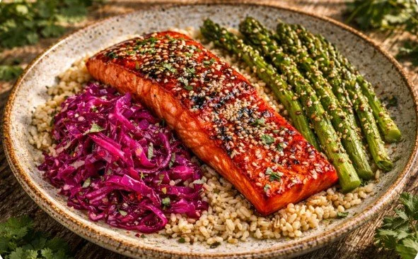 Miso glazed salmon with sesame asparagus.jpg