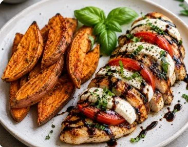 Balsamic caprese chicken with sweet potato wedges.jpg