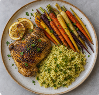 Mojo chicken, rainbow carrots and herbed millet.png