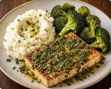 Chimichurri tofu steak with broccoli and cauliflower mash.jpg